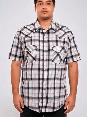 Vtg Mens M Plains Western Wear Plaid Short Sleeve Pearl Snap Western Shirt 70s